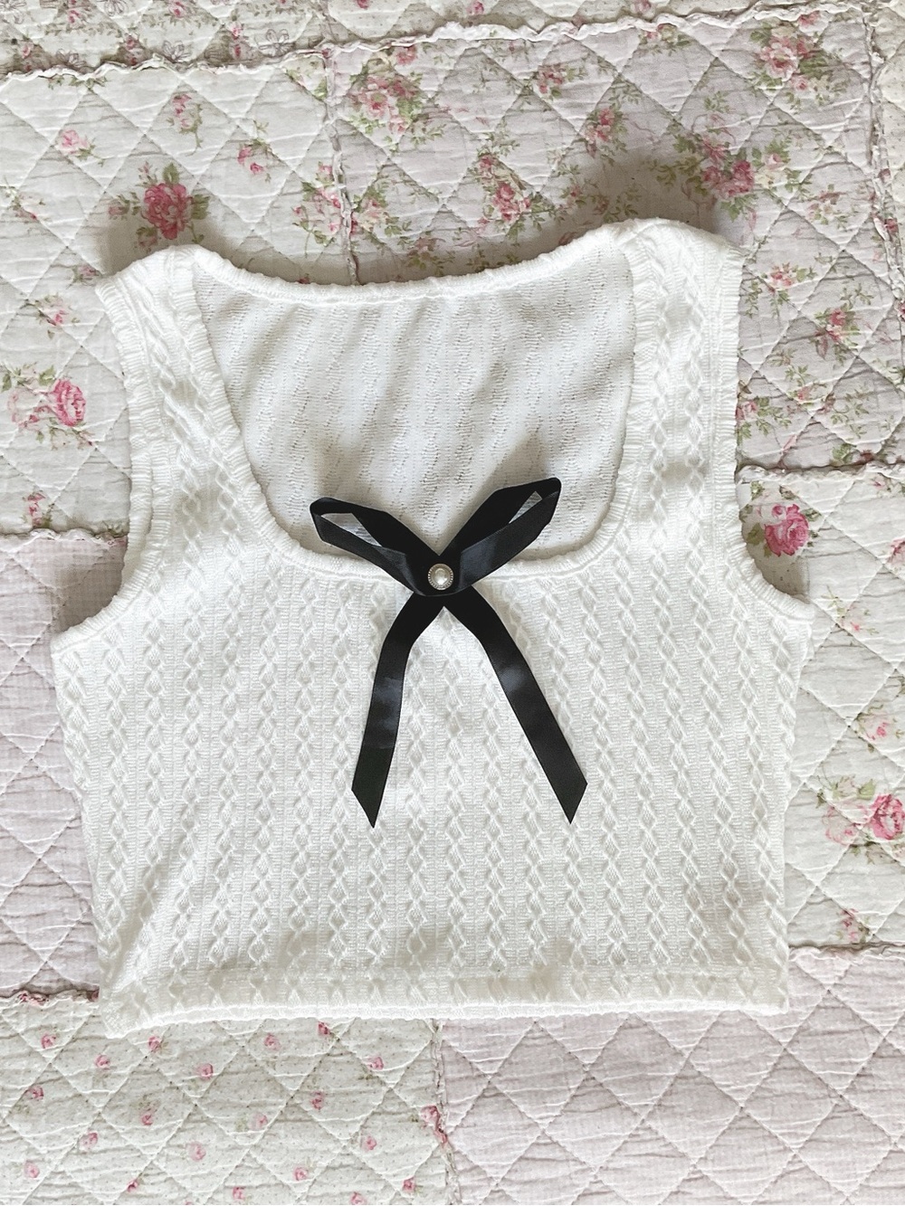 ROMWE White Knit Tank with Black Ribbon and Pearl